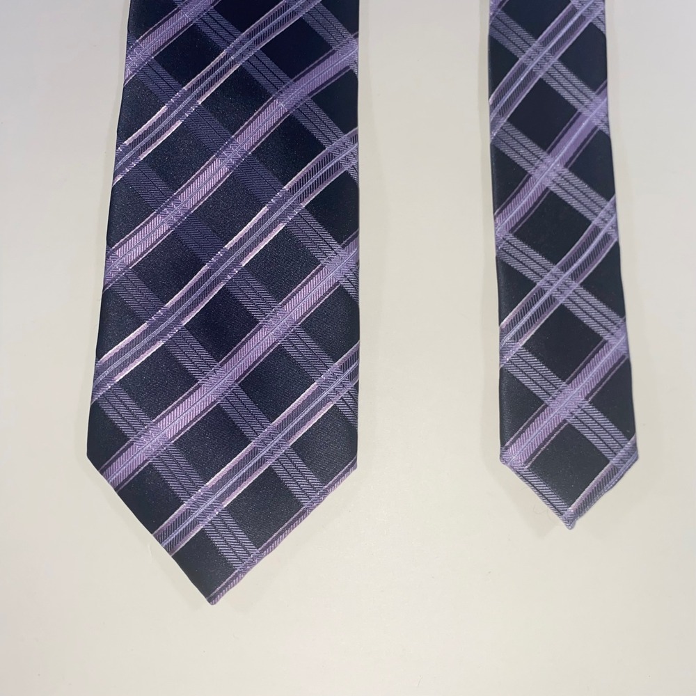 Croft & Barrow Mens Purple Black Diagonal Plaid Check Handmade Polyester Tie